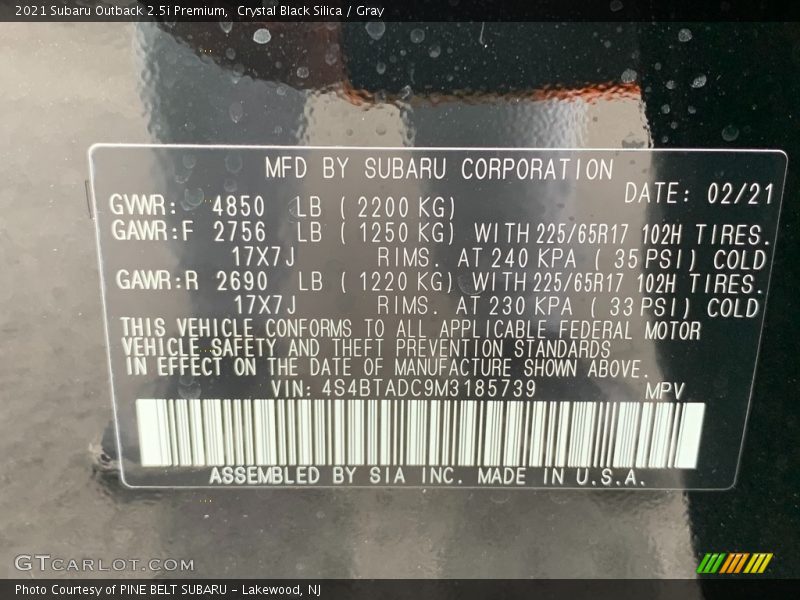 Crystal Black Silica / Gray 2021 Subaru Outback 2.5i Premium