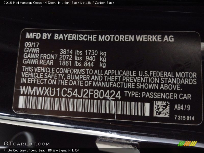 Midnight Black Metallic / Carbon Black 2018 Mini Hardtop Cooper 4 Door
