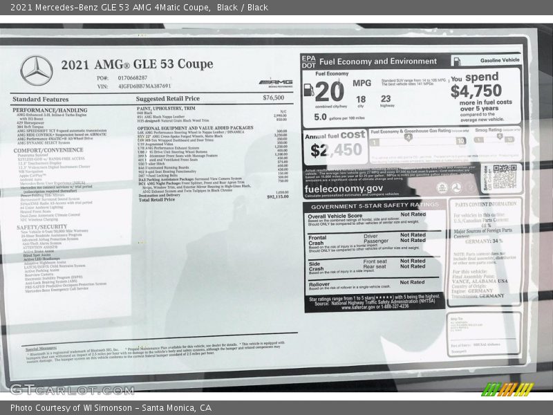  2021 GLE 53 AMG 4Matic Coupe Window Sticker
