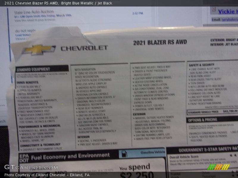 Bright Blue Metallic / Jet Black 2021 Chevrolet Blazer RS AWD