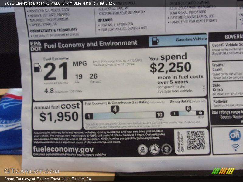 Bright Blue Metallic / Jet Black 2021 Chevrolet Blazer RS AWD