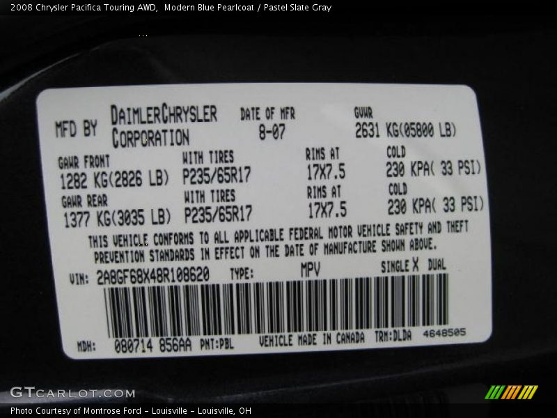 Modern Blue Pearlcoat / Pastel Slate Gray 2008 Chrysler Pacifica Touring AWD