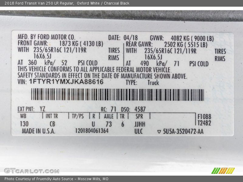 2018 Transit Van 250 LR Regular Oxford White Color Code YZ