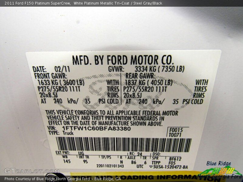 White Platinum Metallic Tri-Coat / Steel Gray/Black 2011 Ford F150 Platinum SuperCrew
