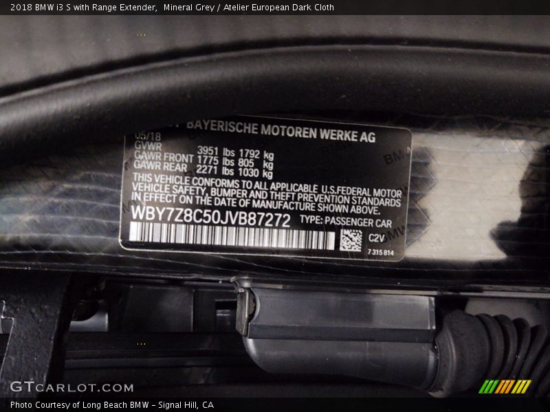 Mineral Grey / Atelier European Dark Cloth 2018 BMW i3 S with Range Extender