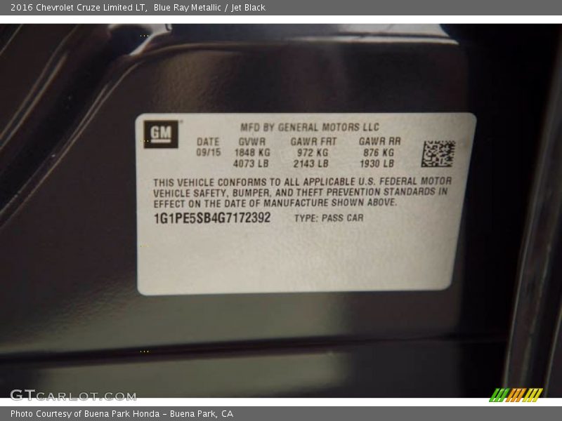 Blue Ray Metallic / Jet Black 2016 Chevrolet Cruze Limited LT