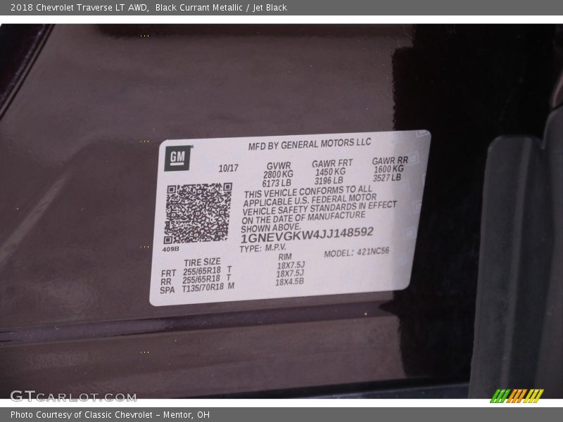 Black Currant Metallic / Jet Black 2018 Chevrolet Traverse LT AWD