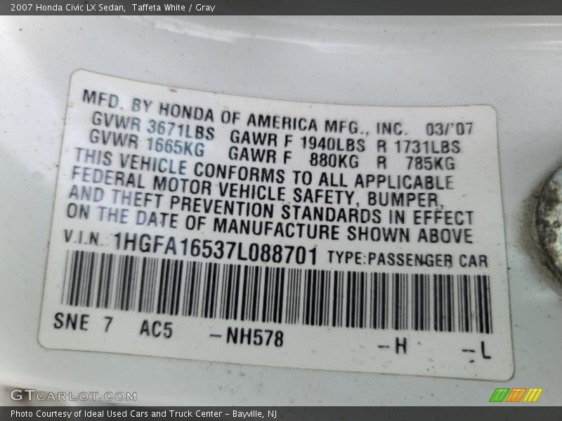Taffeta White / Gray 2007 Honda Civic LX Sedan