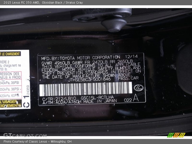 2015 RC 350 AWD Obsidian Black Color Code 212