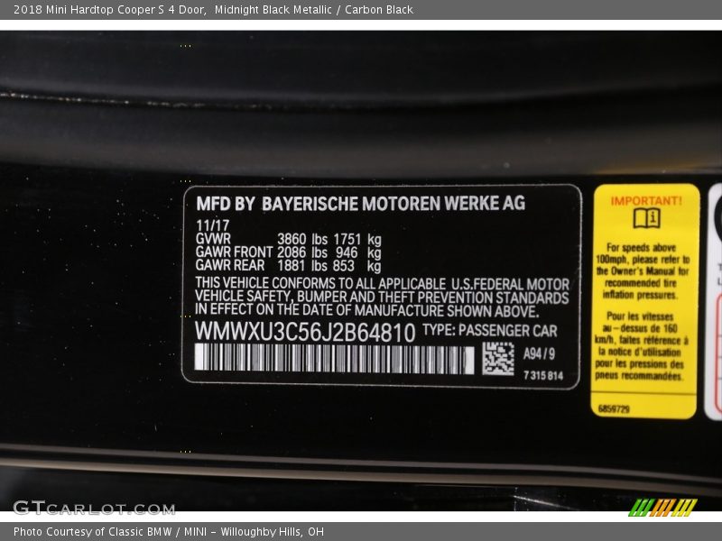 Midnight Black Metallic / Carbon Black 2018 Mini Hardtop Cooper S 4 Door