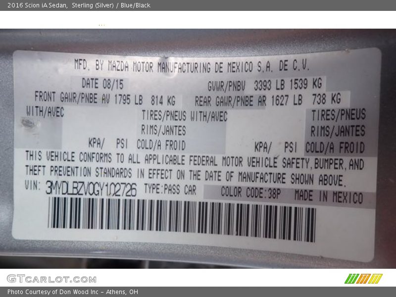 2016 iA Sedan Sterling (Silver) Color Code 38P
