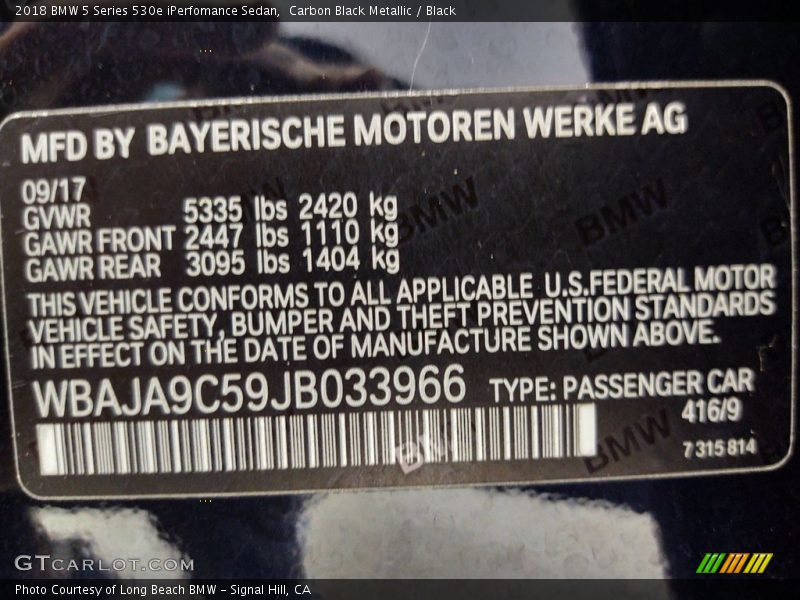 Carbon Black Metallic / Black 2018 BMW 5 Series 530e iPerfomance Sedan