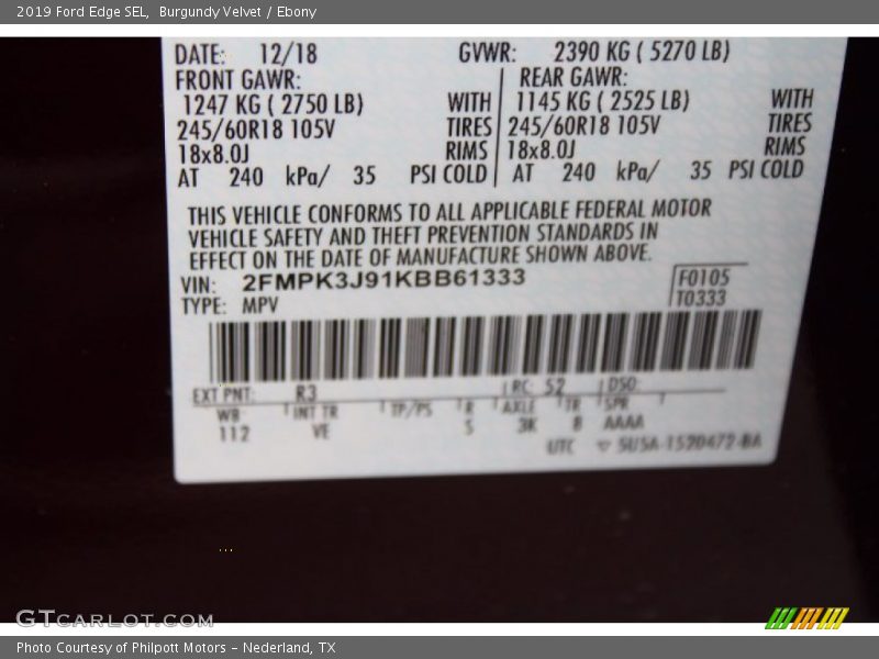 Burgundy Velvet / Ebony 2019 Ford Edge SEL