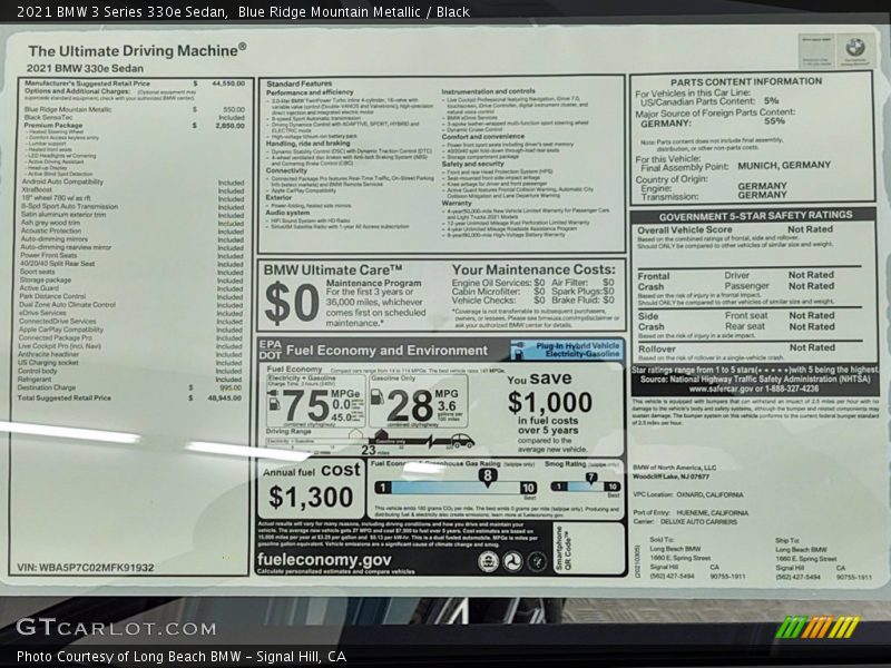  2021 3 Series 330e Sedan Window Sticker