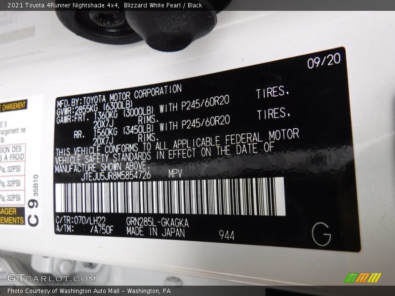 2021 4Runner Nightshade 4x4 Blizzard White Pearl Color Code 070