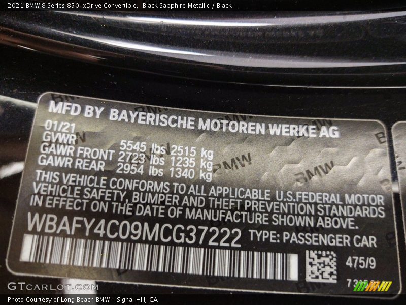 2021 8 Series 850i xDrive Convertible Black Sapphire Metallic Color Code 475