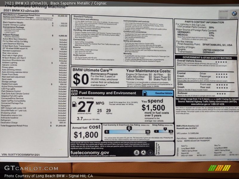  2021 X3 sDrive30i Window Sticker