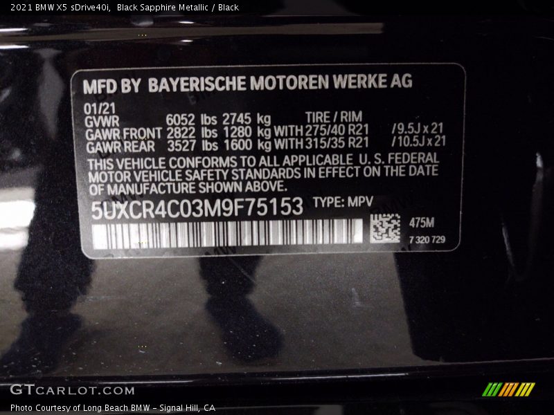 Black Sapphire Metallic / Black 2021 BMW X5 sDrive40i
