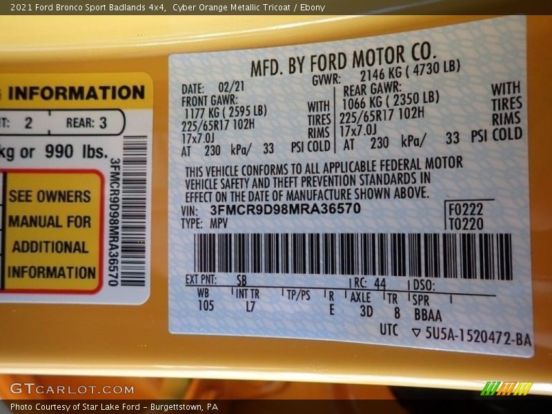 2021 Bronco Sport Badlands 4x4 Cyber Orange Metallic Tricoat Color Code SB
