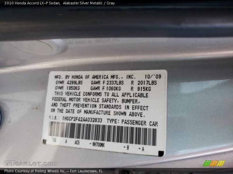 Alabaster Silver Metallic / Gray 2010 Honda Accord LX-P Sedan