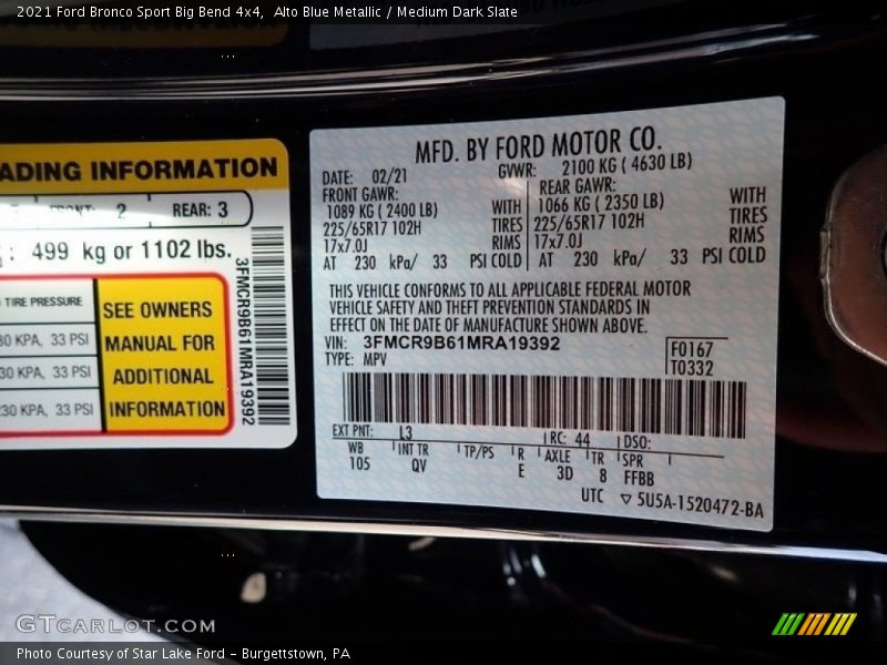 2021 Bronco Sport Big Bend 4x4 Alto Blue Metallic Color Code L3