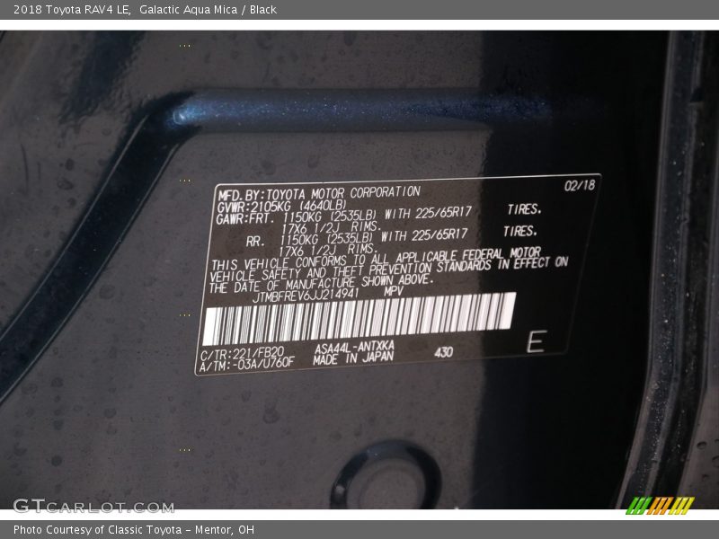 Galactic Aqua Mica / Black 2018 Toyota RAV4 LE