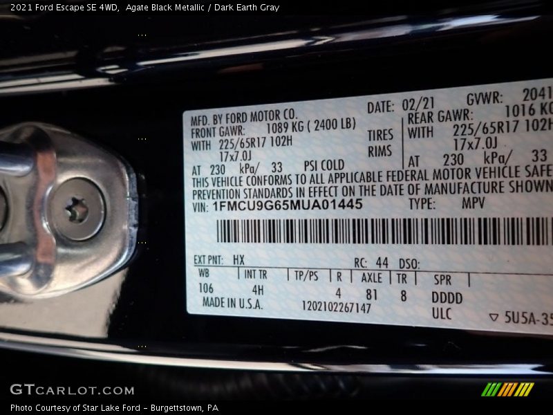 Agate Black Metallic / Dark Earth Gray 2021 Ford Escape SE 4WD