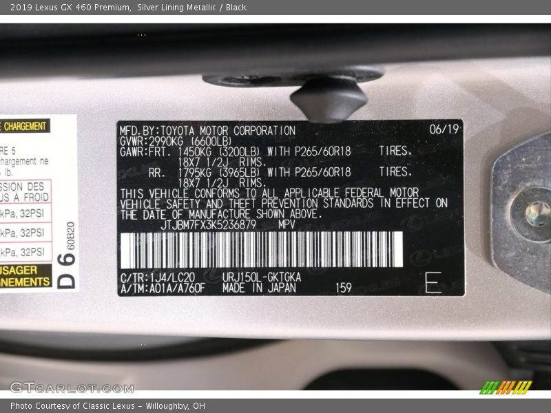2019 GX 460 Premium Silver Lining Metallic Color Code 1J4