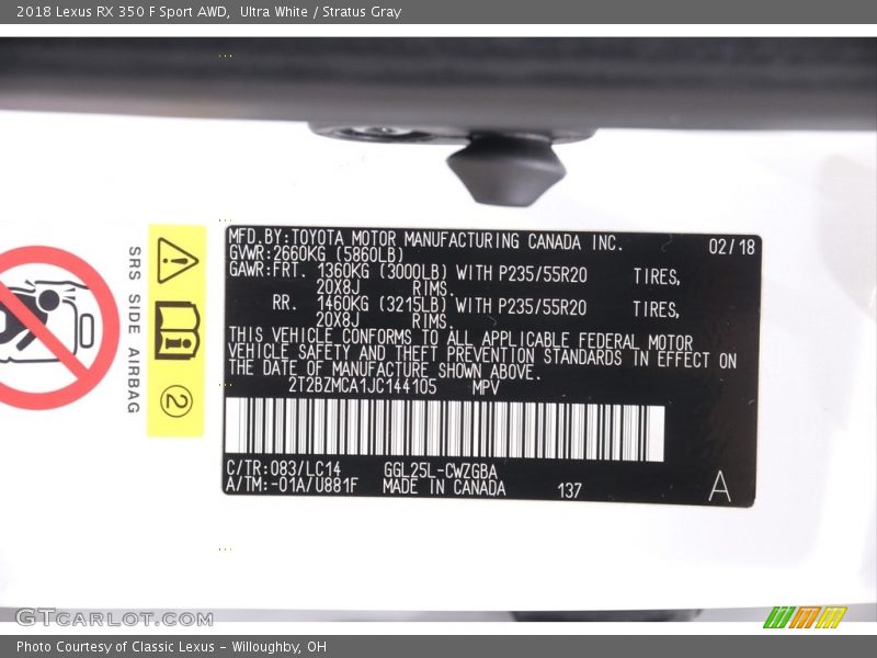 Ultra White / Stratus Gray 2018 Lexus RX 350 F Sport AWD