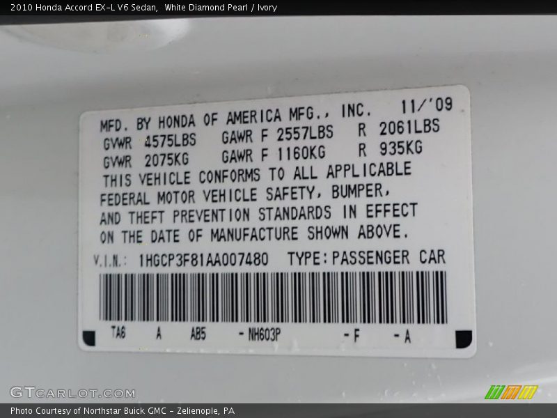 White Diamond Pearl / Ivory 2010 Honda Accord EX-L V6 Sedan