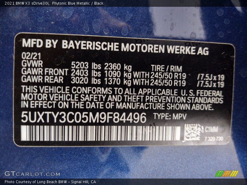 Phytonic Blue Metallic / Black 2021 BMW X3 sDrive30i