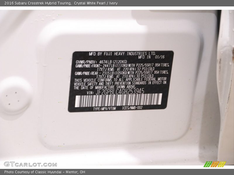 Crystal White Pearl / Ivory 2016 Subaru Crosstrek Hybrid Touring
