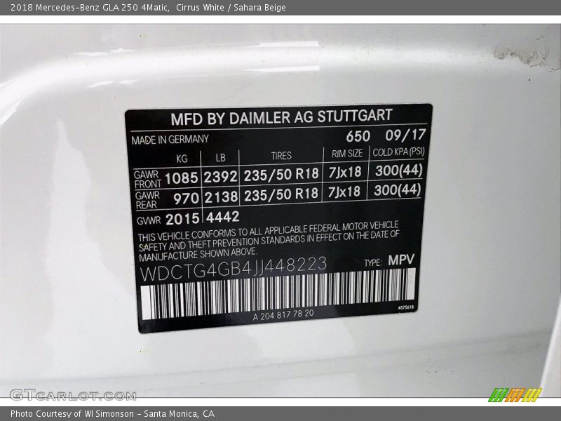 Cirrus White / Sahara Beige 2018 Mercedes-Benz GLA 250 4Matic