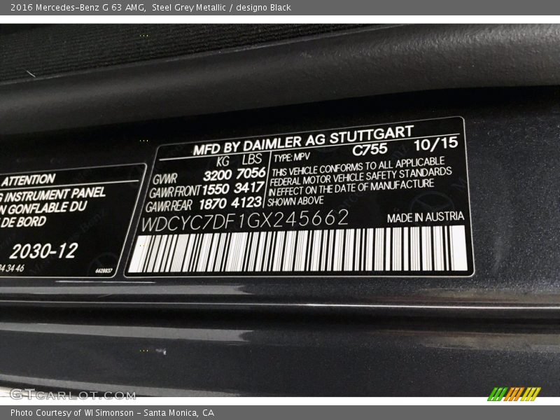 2016 G 63 AMG Steel Grey Metallic Color Code 755