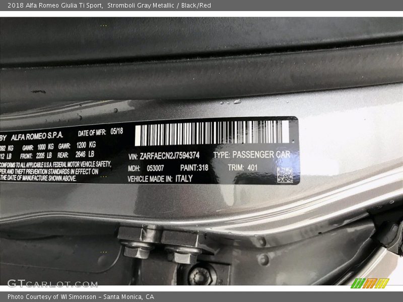 2018 Giulia Ti Sport Stromboli Gray Metallic Color Code 401