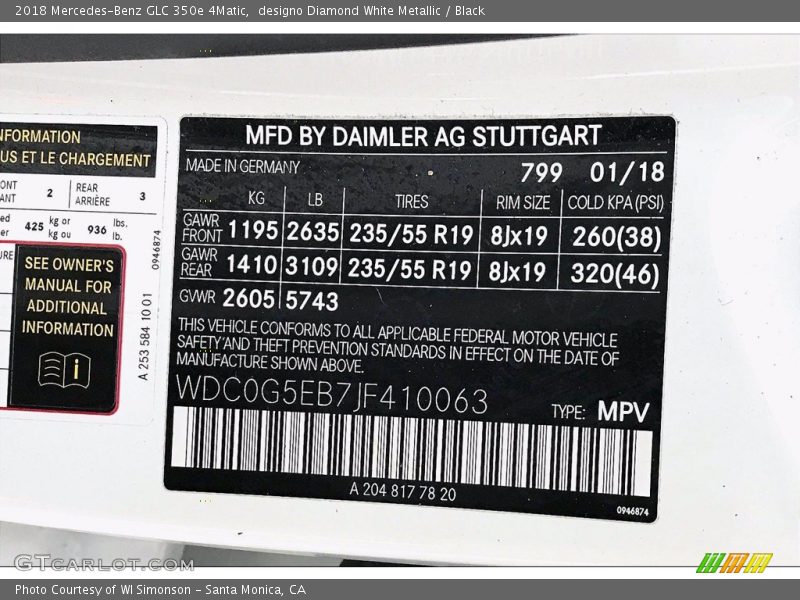 2018 GLC 350e 4Matic designo Diamond White Metallic Color Code 799