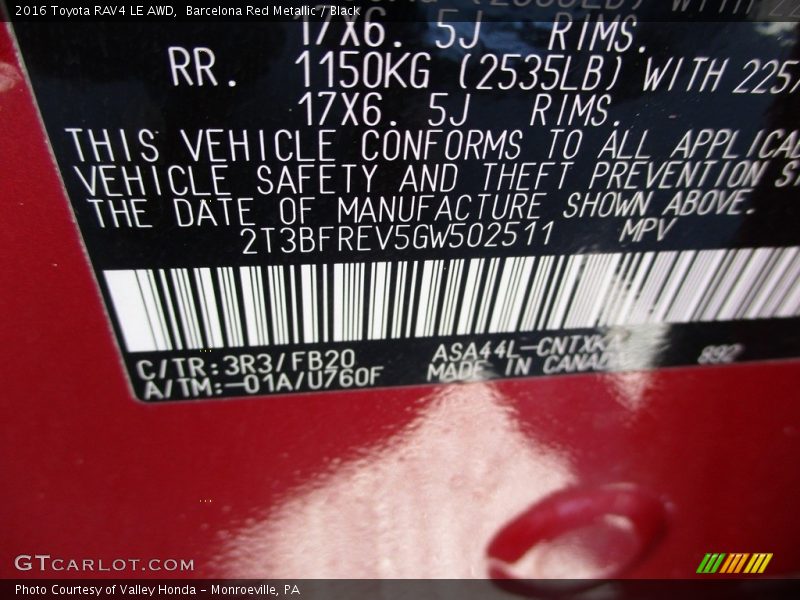 Barcelona Red Metallic / Black 2016 Toyota RAV4 LE AWD