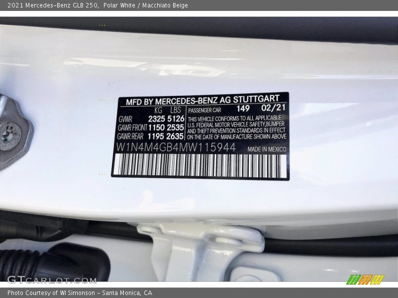 2021 GLB 250 Polar White Color Code 149
