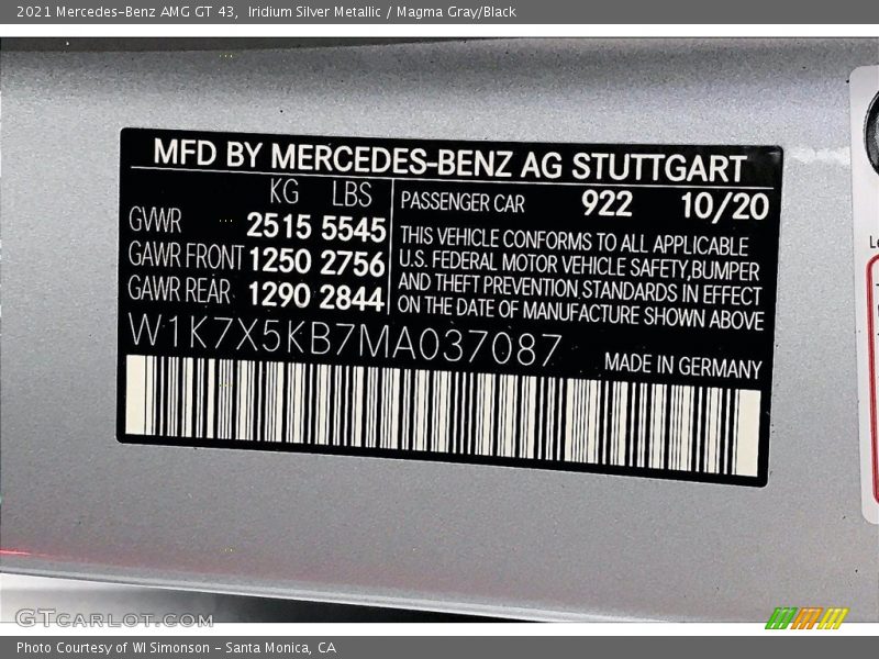 2021 AMG GT 43 Iridium Silver Metallic Color Code 922