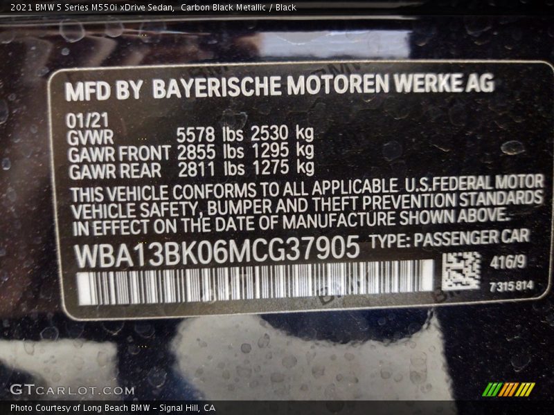 2021 5 Series M550i xDrive Sedan Carbon Black Metallic Color Code 416