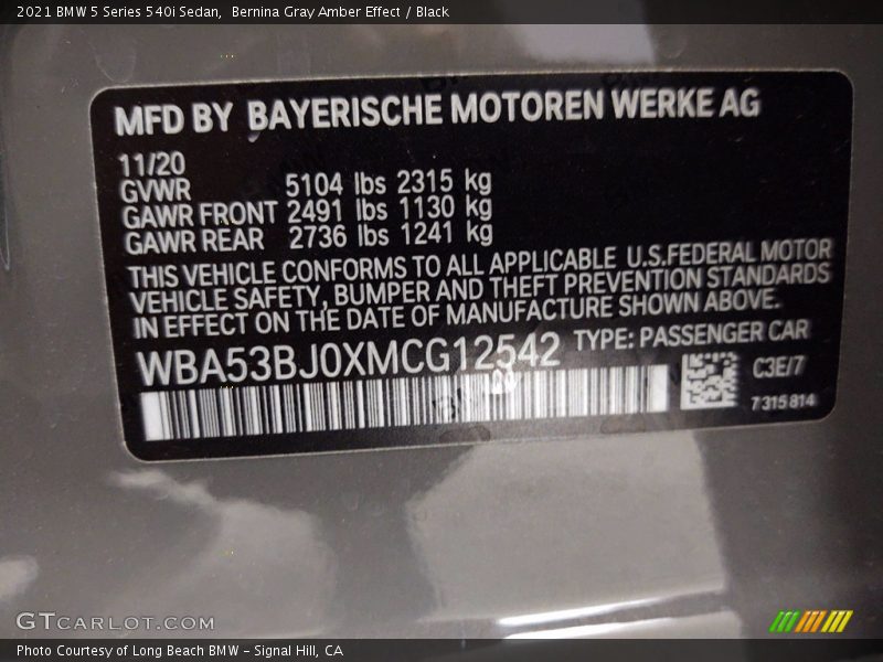 Bernina Gray Amber Effect / Black 2021 BMW 5 Series 540i Sedan