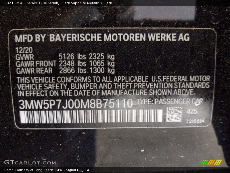 Black Sapphire Metallic / Black 2021 BMW 3 Series 330e Sedan