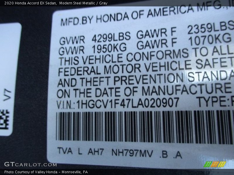 Modern Steel Metallic / Gray 2020 Honda Accord EX Sedan