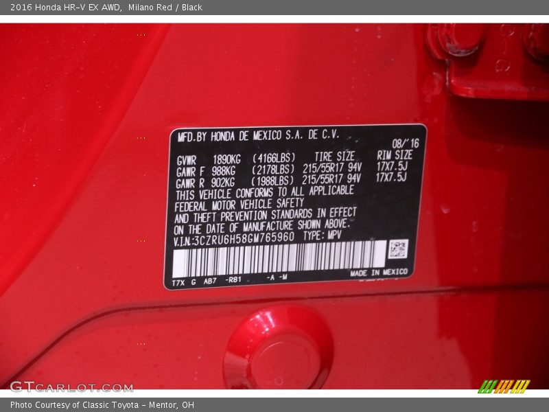Milano Red / Black 2016 Honda HR-V EX AWD