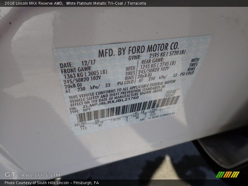 White Platinum Metallic Tri-Coat / Terracotta 2018 Lincoln MKX Reserve AWD