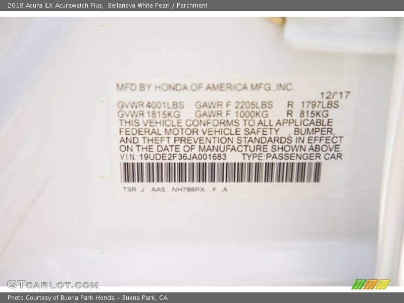 2018 ILX Acurawatch Plus Bellanova White Pearl Color Code NH788PX