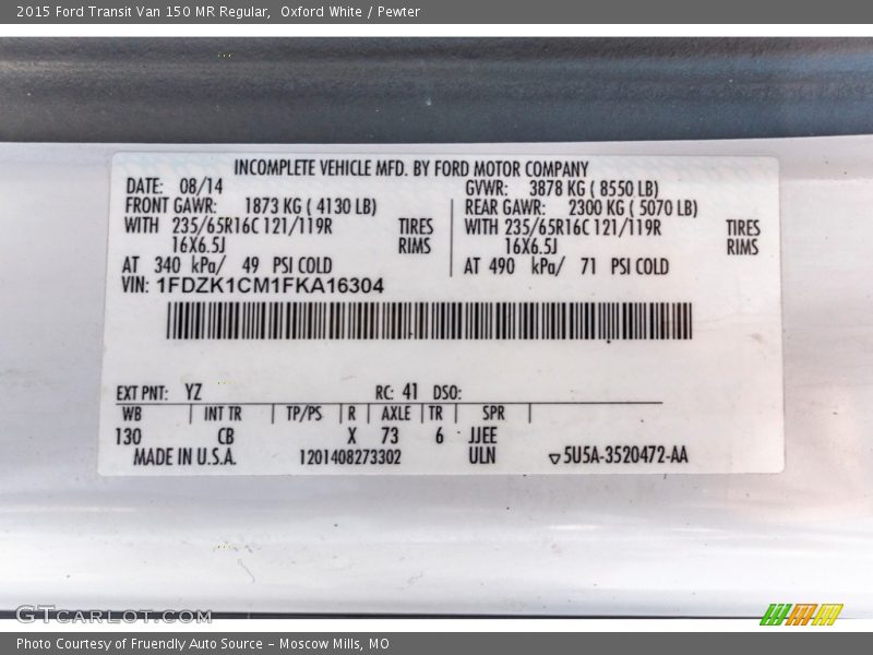 Oxford White / Pewter 2015 Ford Transit Van 150 MR Regular