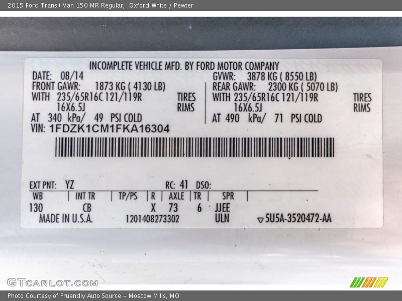 Oxford White / Pewter 2015 Ford Transit Van 150 MR Regular