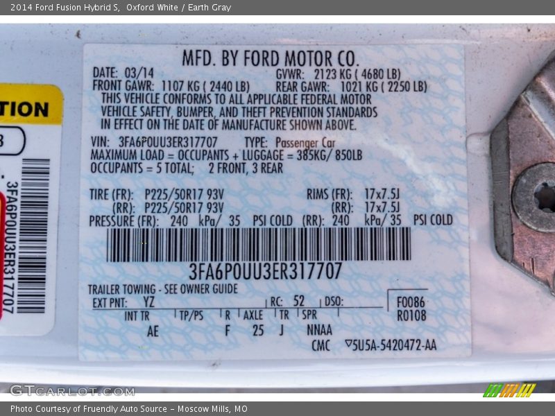 2014 Fusion Hybrid S Oxford White Color Code YZ