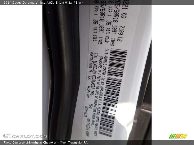 2014 Durango Limited AWD Bright White Color Code PW7